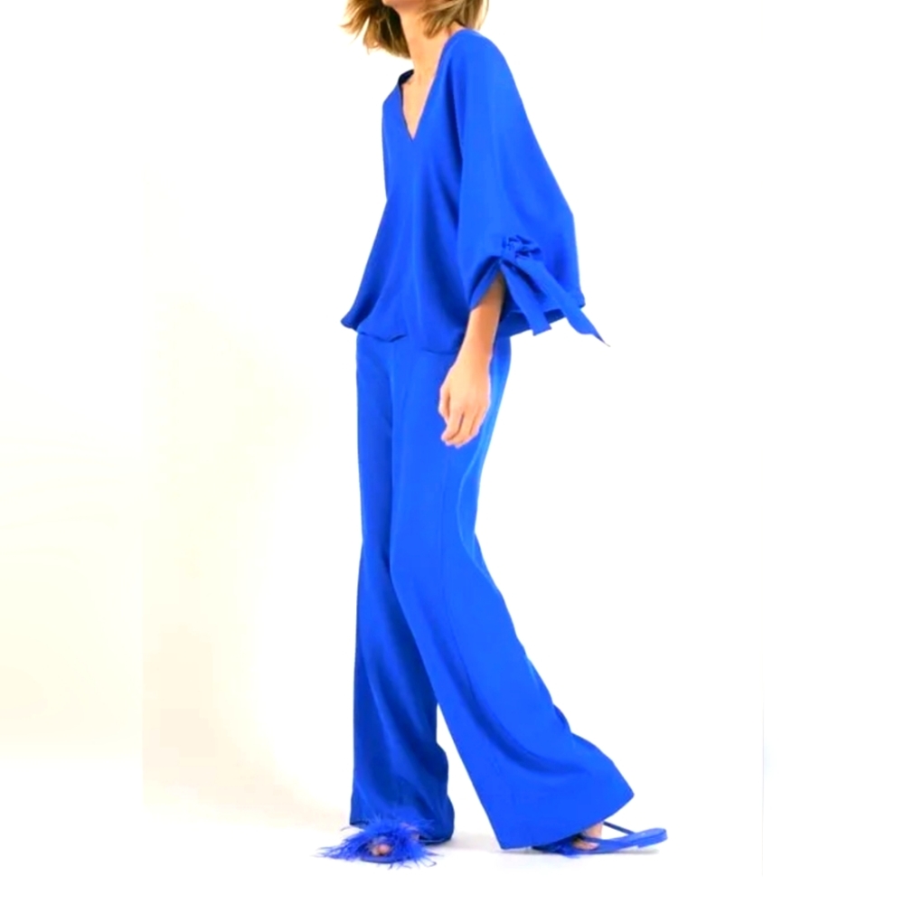 Zara Flowy Blue Blouse with Tie and pants SET